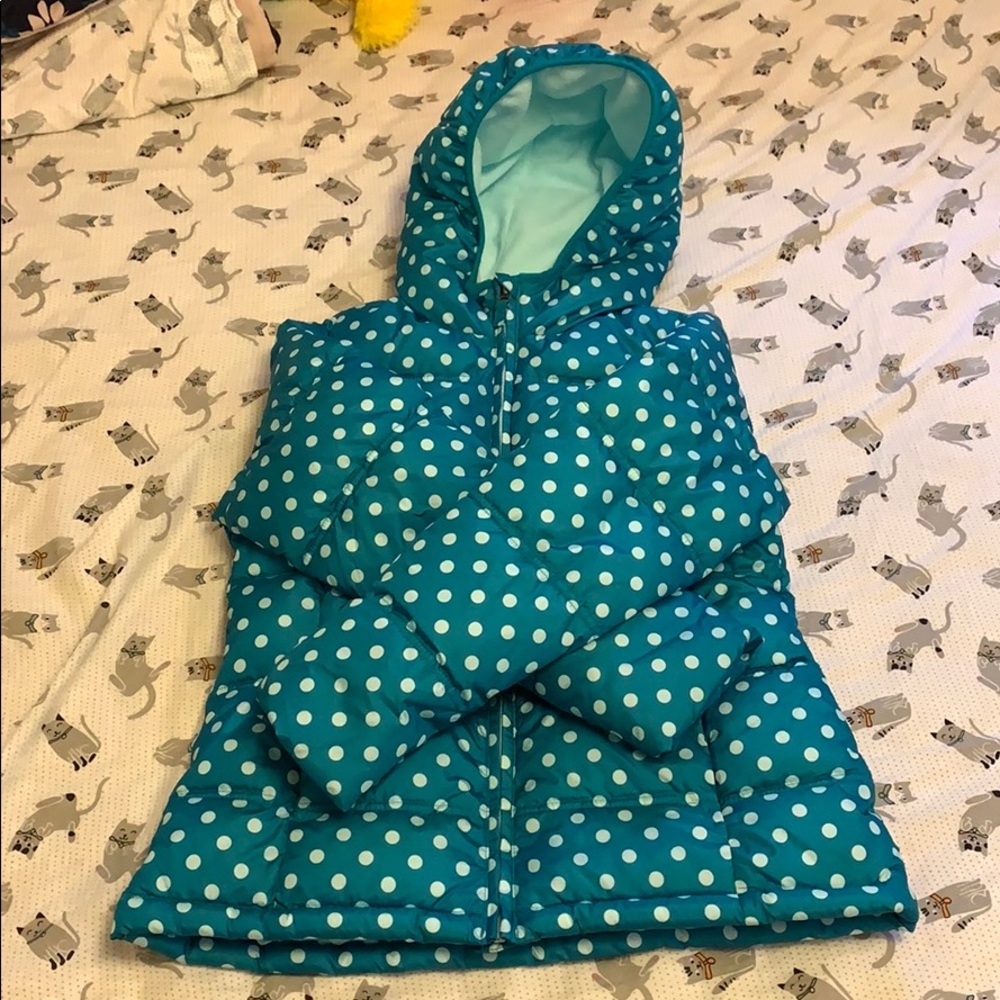 Blue and white polka dot coat